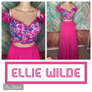 Ellie Wilde Mon Cheri Appliqué Embroidered Two Piece Fuchsia Formal Prom Dress